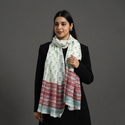 White - pure wool sanganeri stole 03 - handcrafted