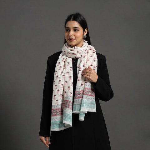 White - pure wool sanganeri stole 08 - handcrafted