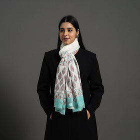 White - pure wool sanganeri stole 28 - handcrafted