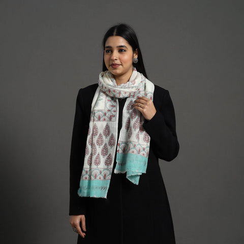 White - pure wool sanganeri stole 28 - handcrafted