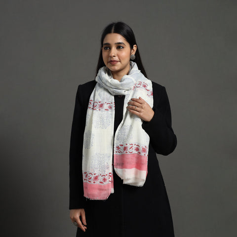  White Pure Wool Block Print Sanganeri Stole