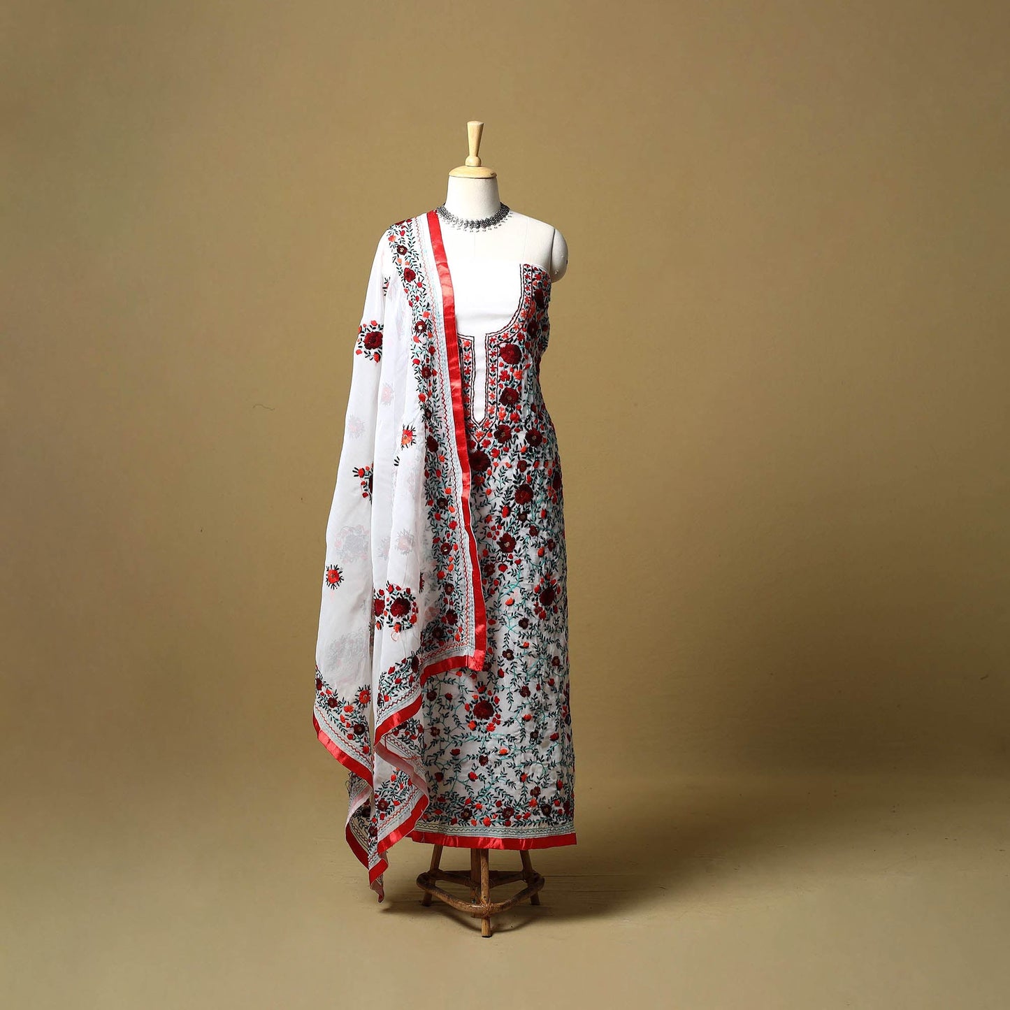 White - ranihati chapa work hand embroidery georgette 3pc