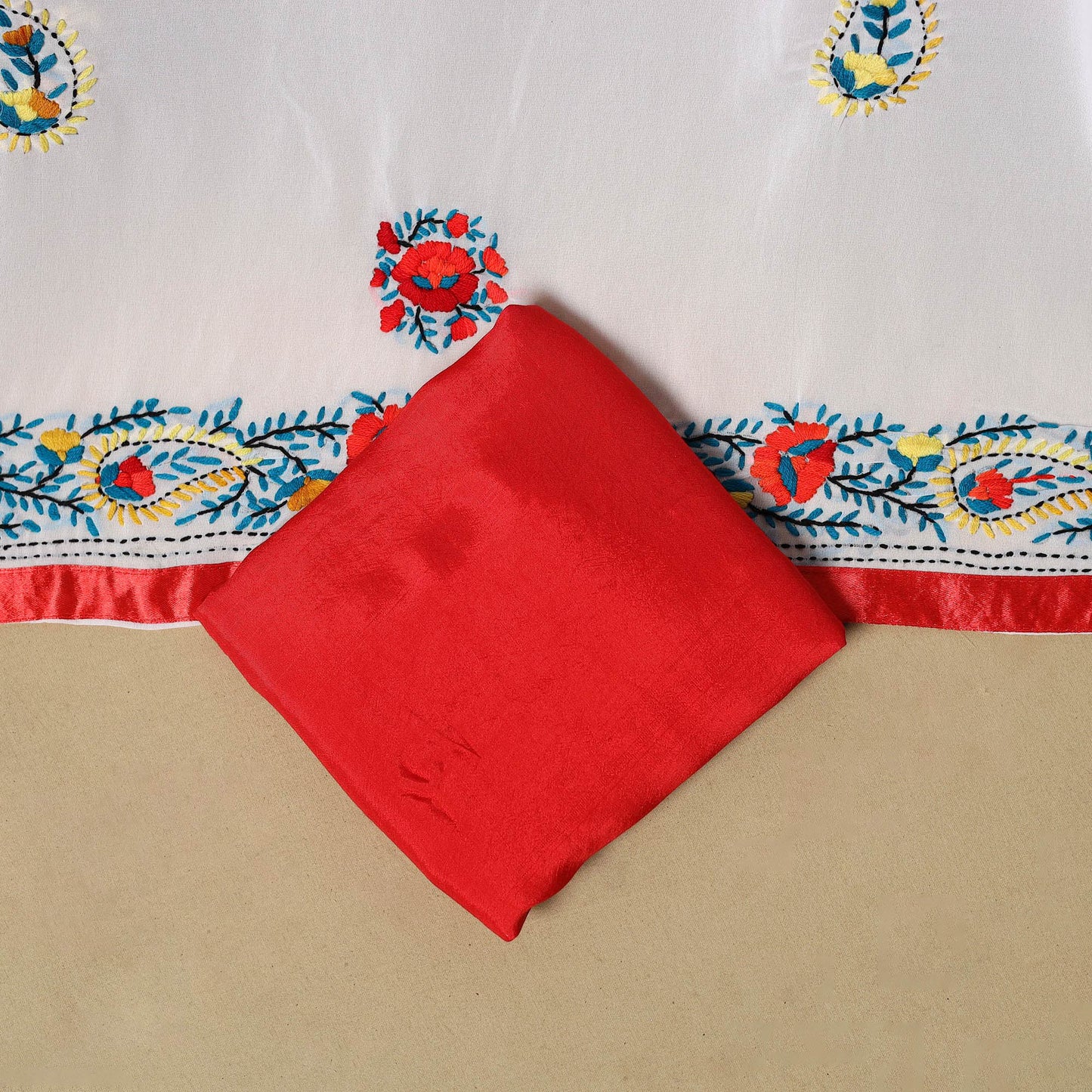 White - ranihati chapa work hand embroidery georgette 3pc