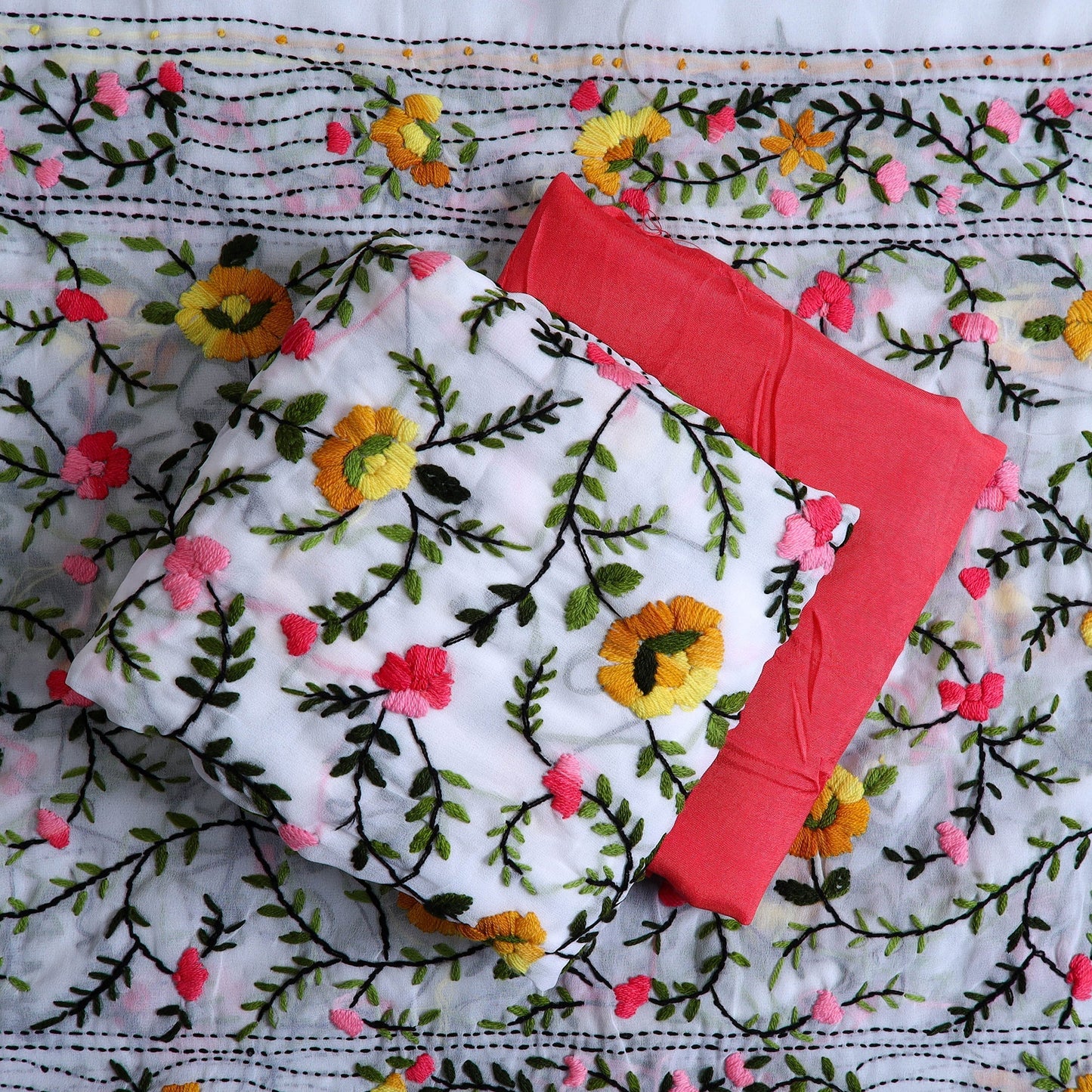 White 3pc Hand Embroidery Georgette Phulkari Dress Material