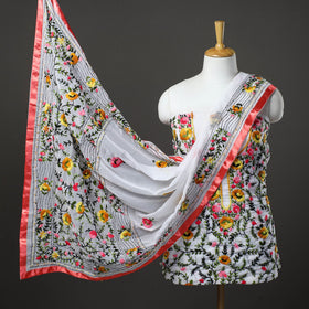 White 3pc Hand Embroidery Georgette Phulkari Dress Material