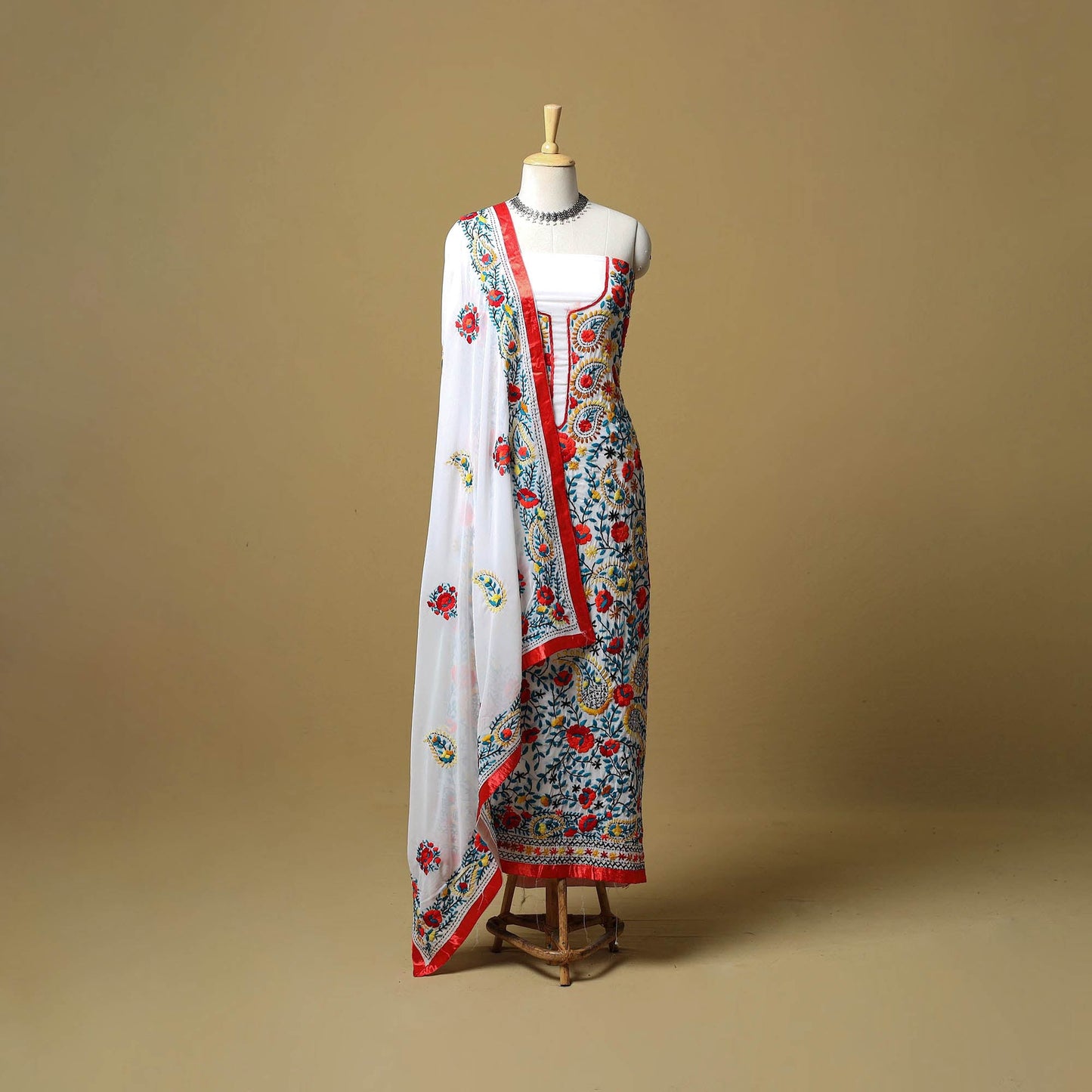 White - ranihati chapa work hand embroidery georgette 3pc