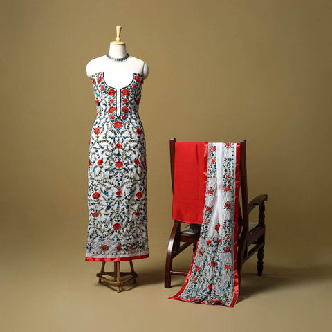 White - ranihati chapa work hand embroidery georgette 3pc