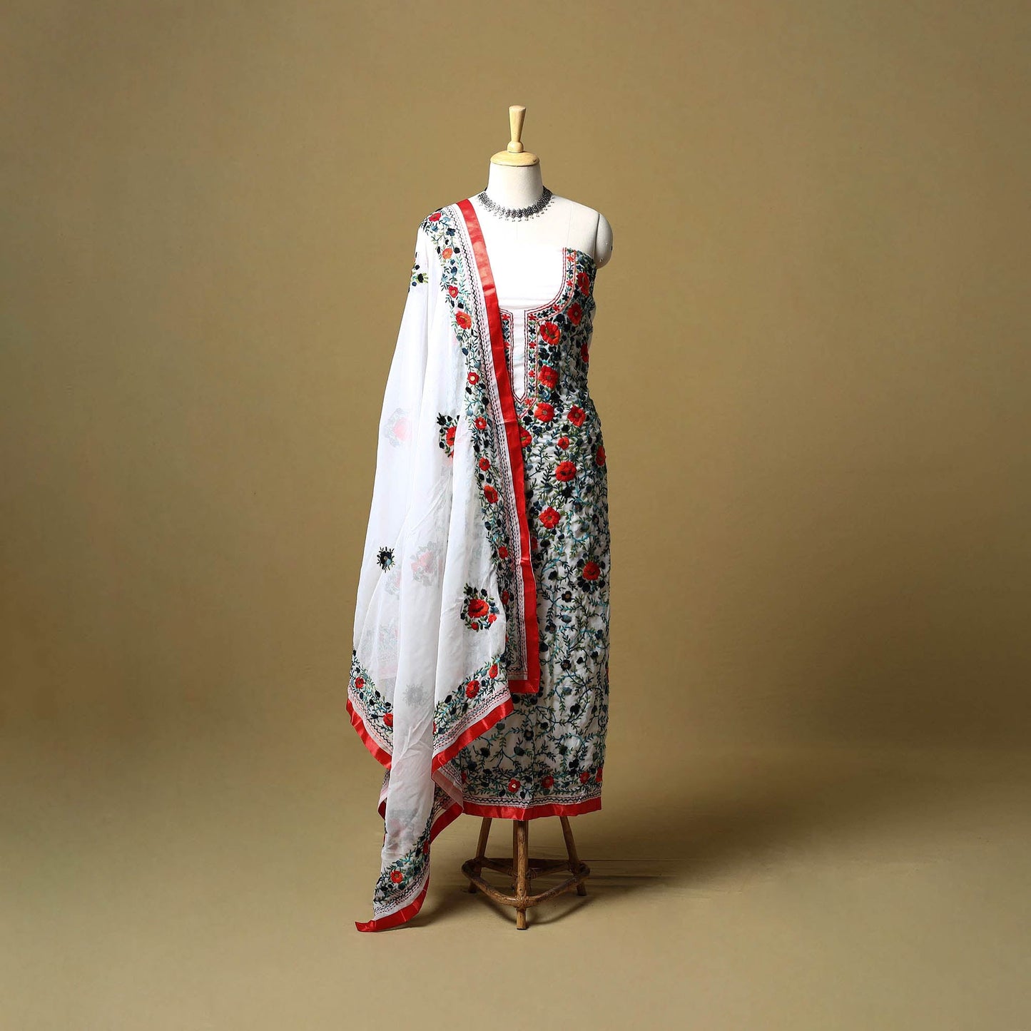 White - ranihati chapa work hand embroidery georgette 3pc