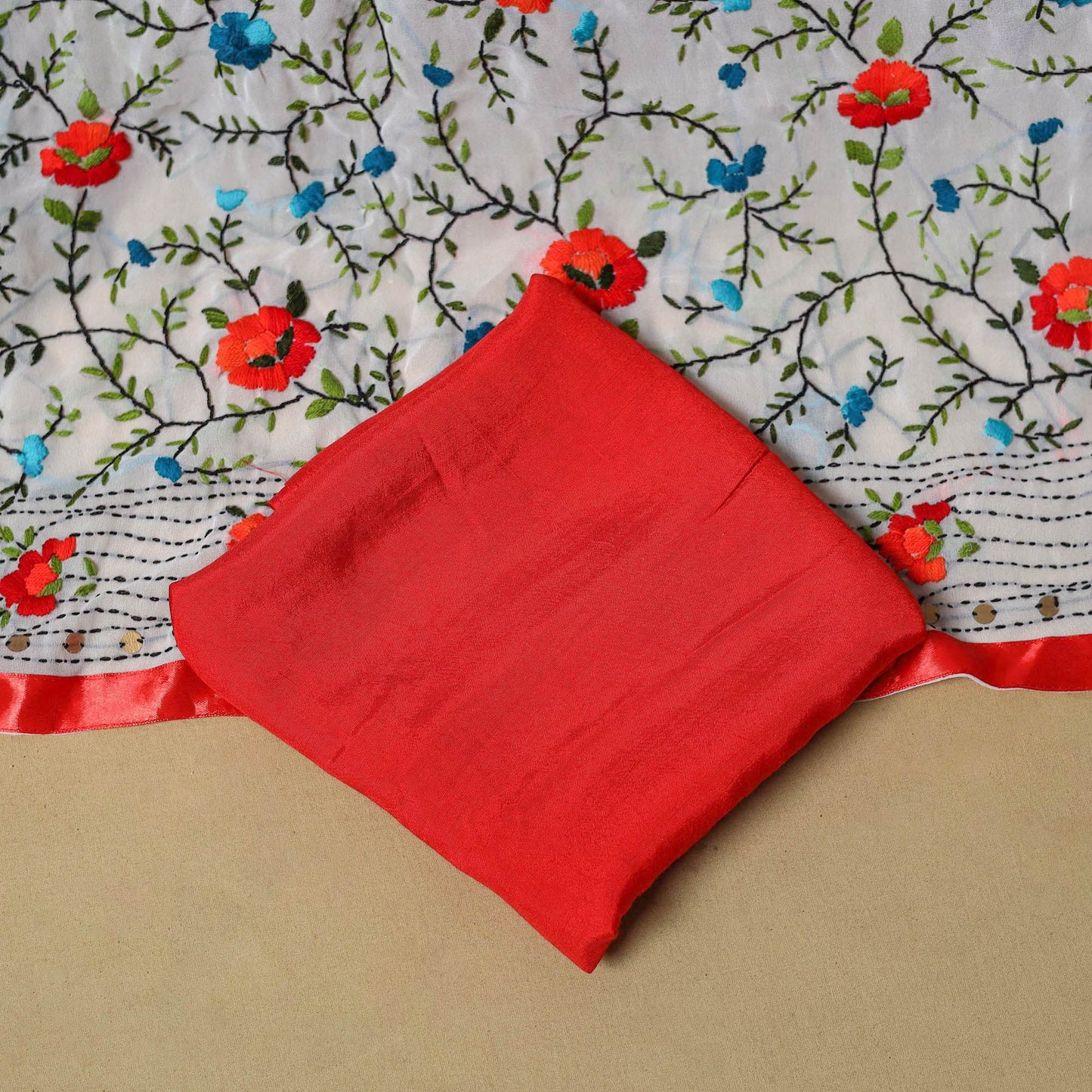 White - ranihati chapa work hand embroidery georgette 3pc