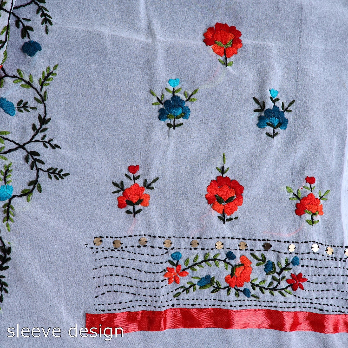 White 3pc Hand Embroidery Georgette Phulkari Dress Material