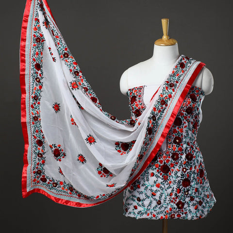 White - 3pc hand embroidery georgette phulkari unstitched