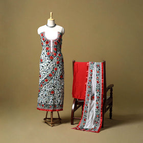 White - ranihati chapa work hand embroidery georgette 3pc