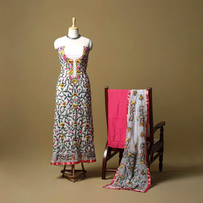 White - ranihati chapa work hand embroidery georgette 3pc