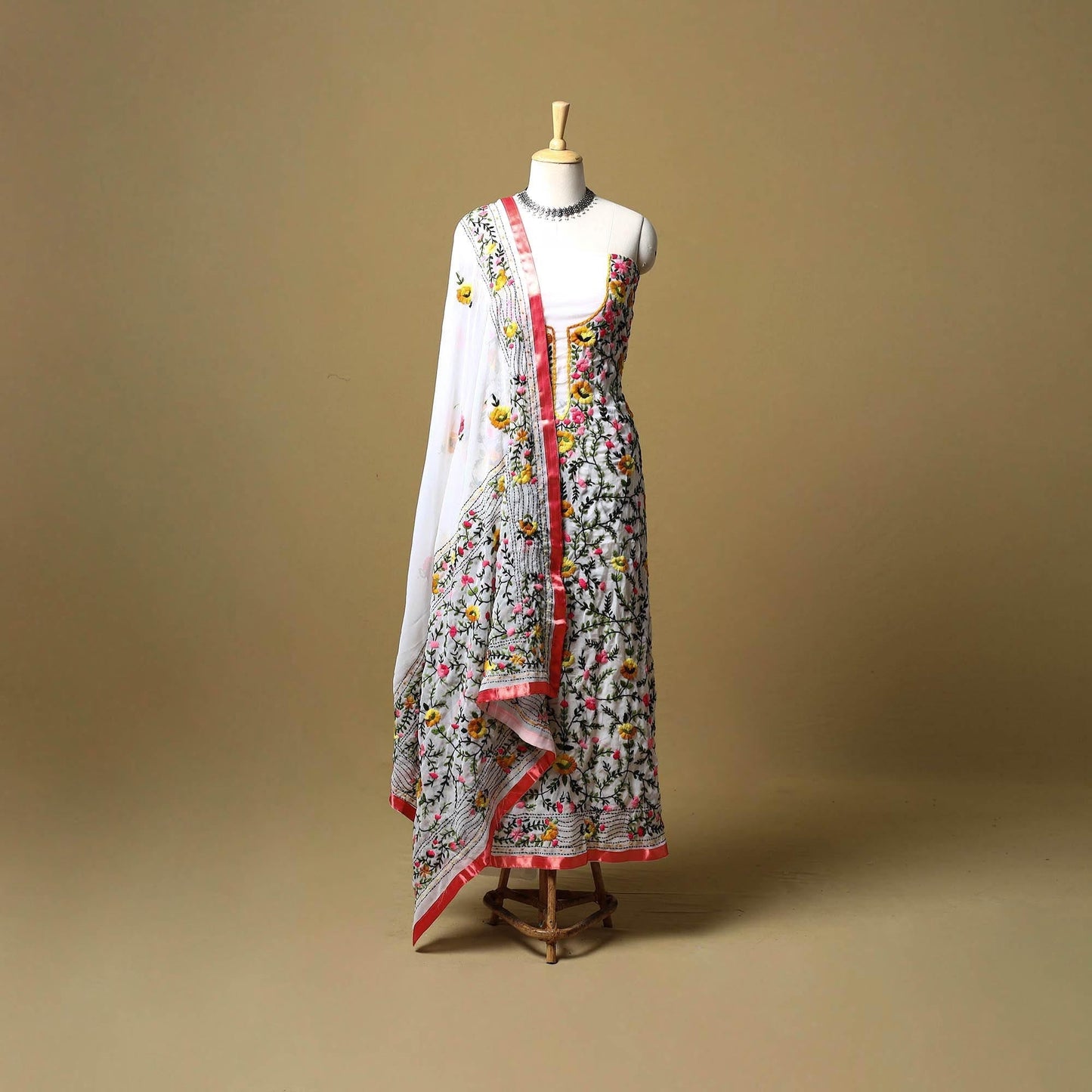 White - ranihati chapa work hand embroidery georgette 3pc