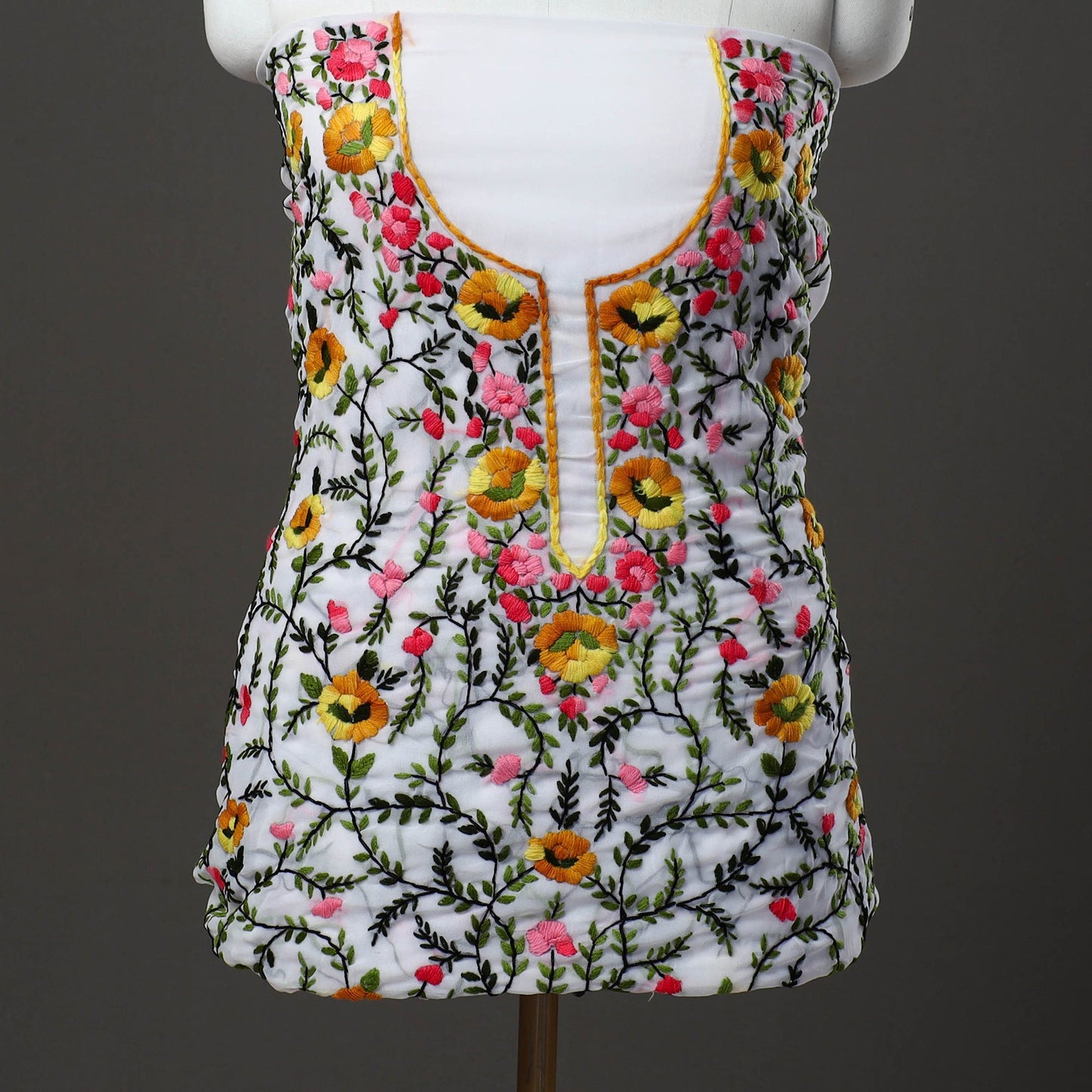 White 3pc Hand Embroidery Georgette Phulkari Dress Material