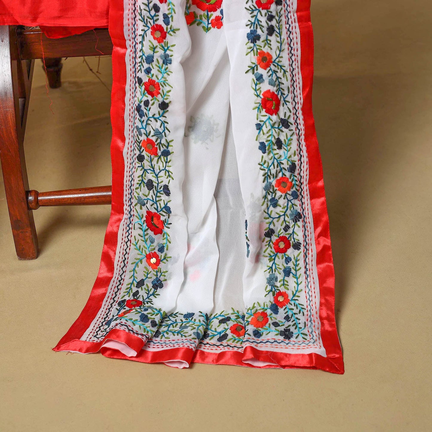 White - ranihati chapa work hand embroidery georgette 3pc