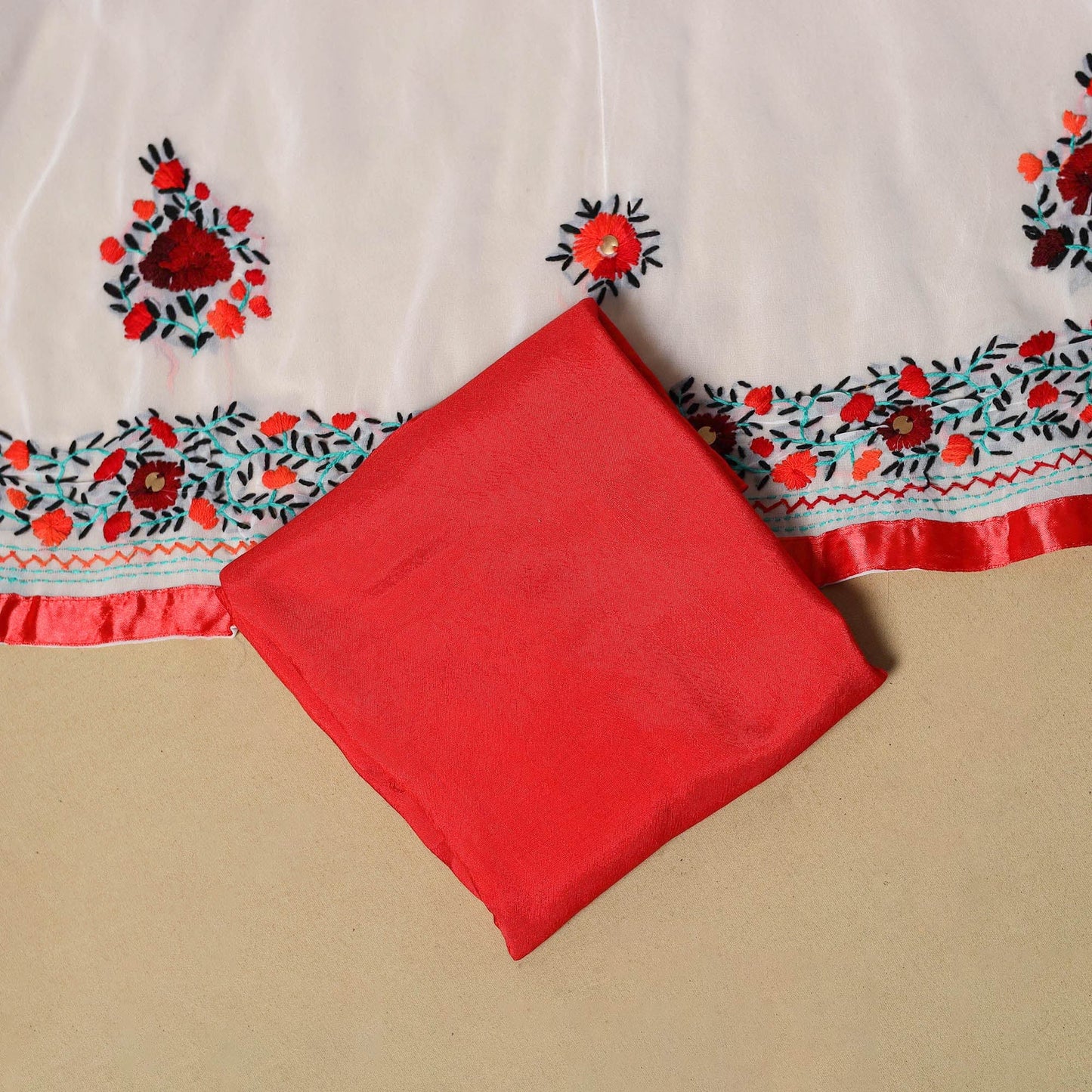 White - ranihati chapa work hand embroidery georgette 3pc