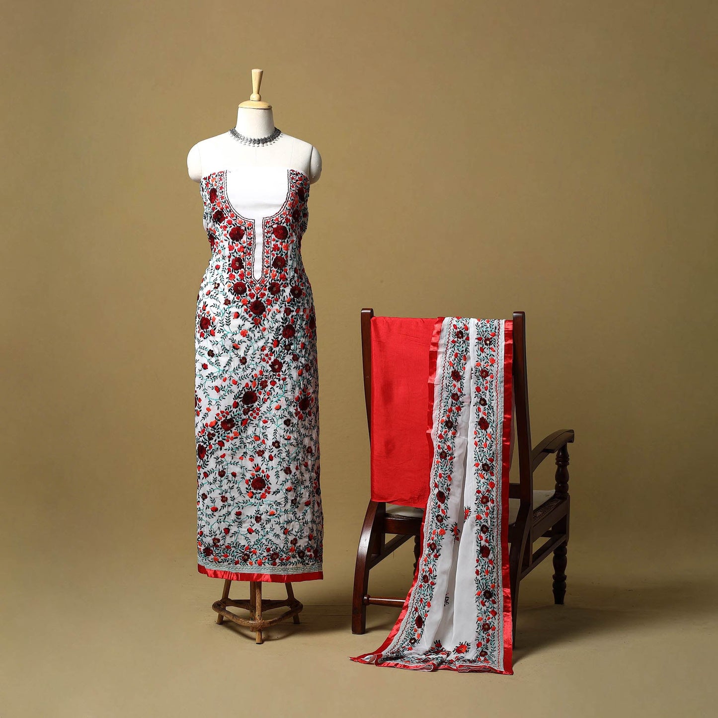 White - ranihati chapa work hand embroidery georgette 3pc