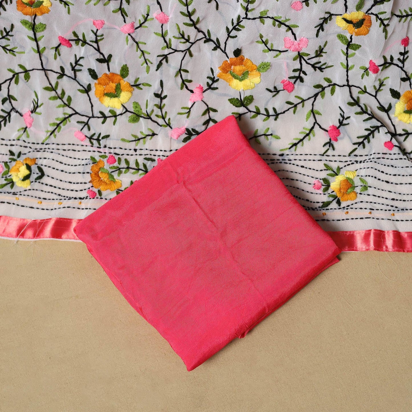 White - ranihati chapa work hand embroidery georgette 3pc