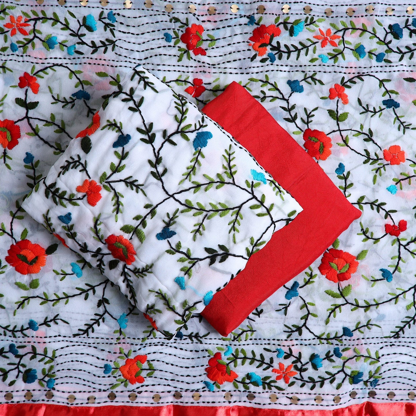 White 3pc Hand Embroidery Georgette Phulkari Dress Material