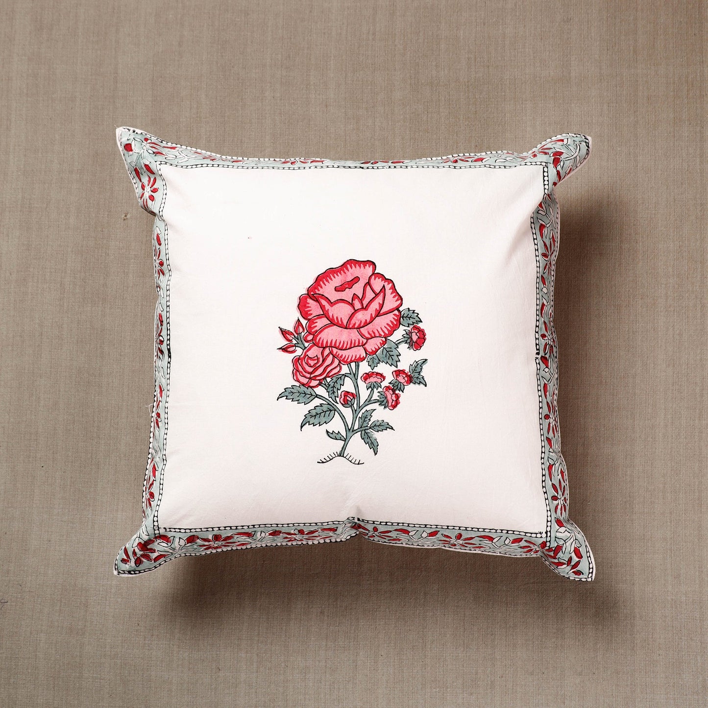Buy Rose Block Print Cotton Sanganeri Cushion Cover