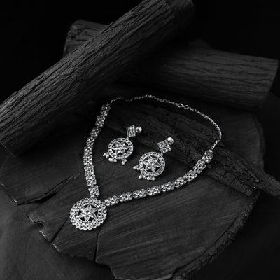 White - saanjh bela crystal lotus oxidised necklace set