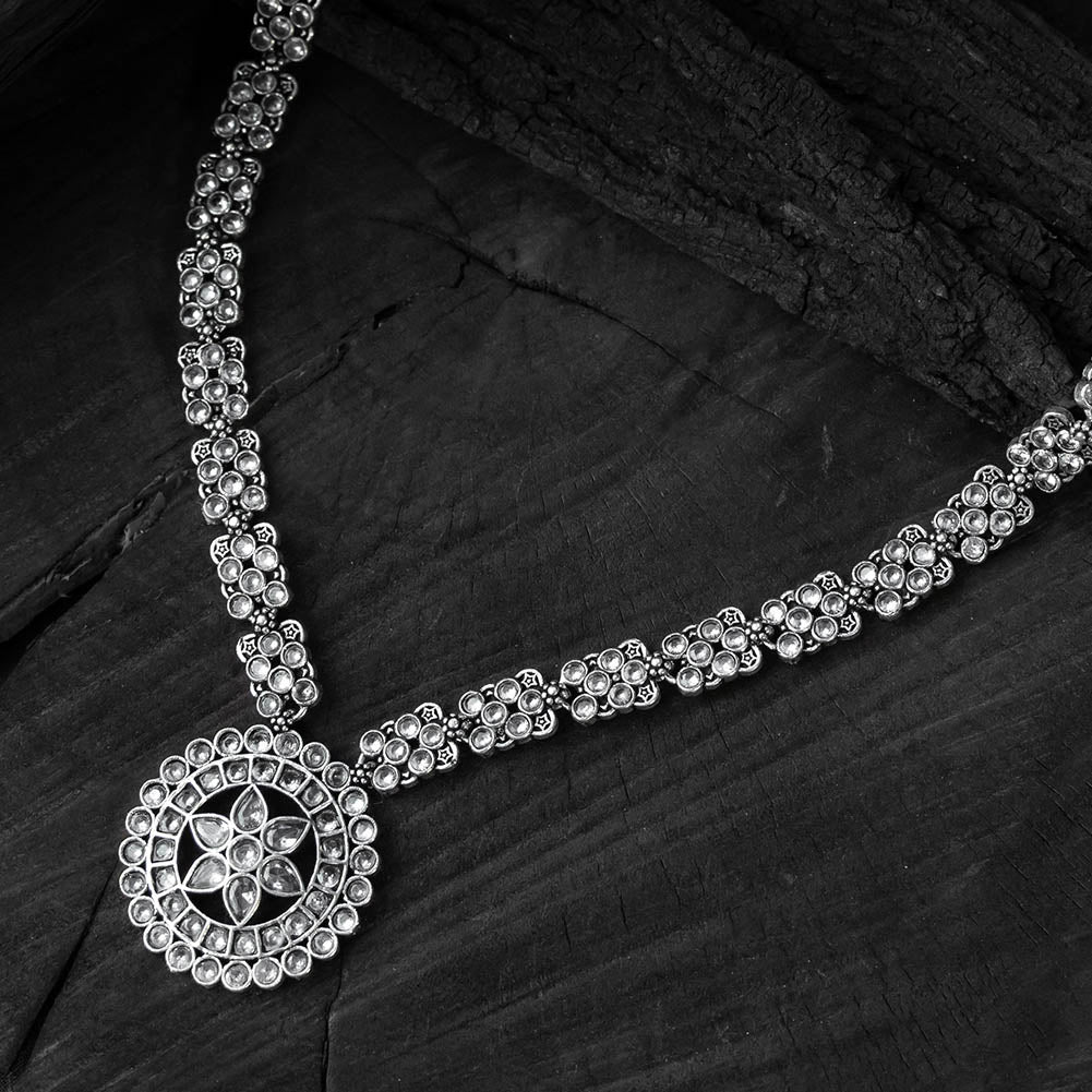 White - saanjh bela crystal lotus oxidised necklace set