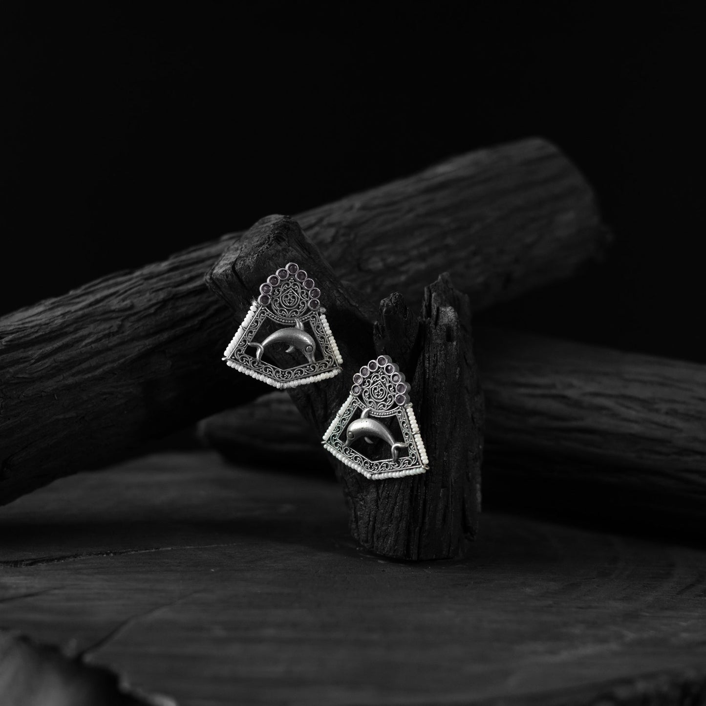 White - saanjh bela dolphin oxidised earrings - handcrafted