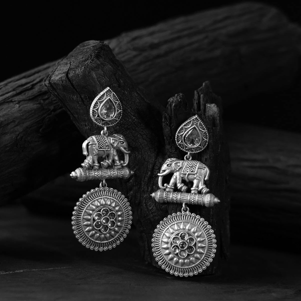 White - saanjh bela elephant motif oxidised earrings