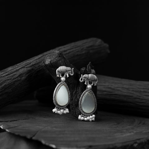 White - saanjh bela elephant oxidised earrings - handcrafted