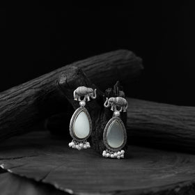 White - saanjh bela elephant oxidised earrings - handcrafted