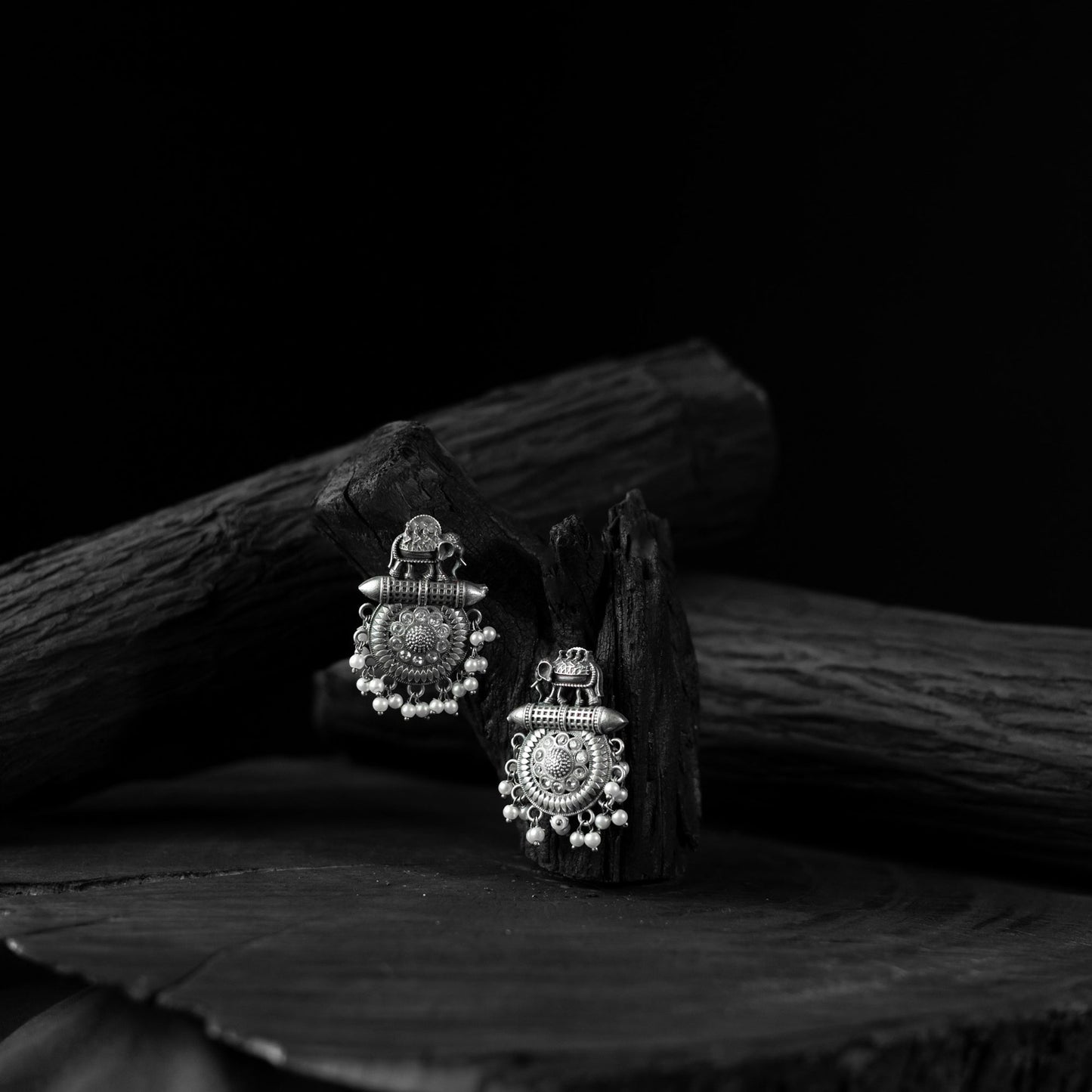 White - saanjh bela elephant oxidised earrings - handcrafted