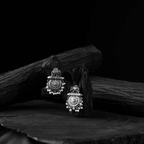 White - saanjh bela elephant oxidised earrings - handcrafted