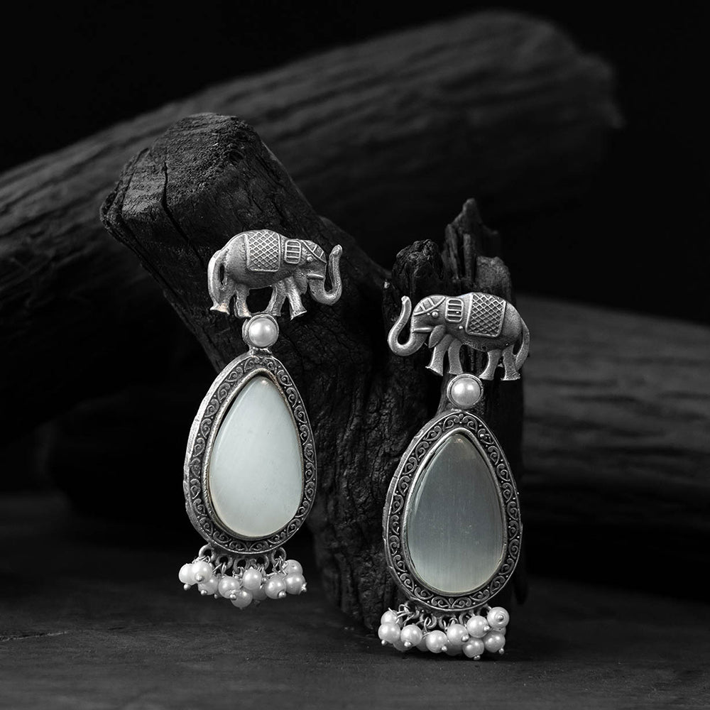 White - saanjh bela elephant oxidised earrings - handcrafted