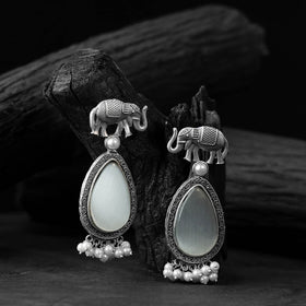 White - saanjh bela elephant oxidised earrings - handcrafted
