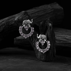 White - saanjh bela elephant oxidised earrings - handcrafted