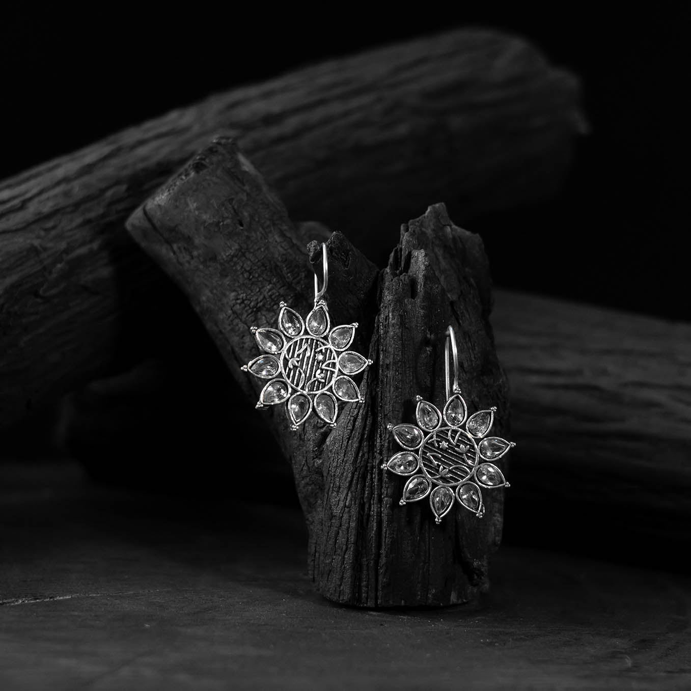 White - saanjh bela flower oxidised drop earrings