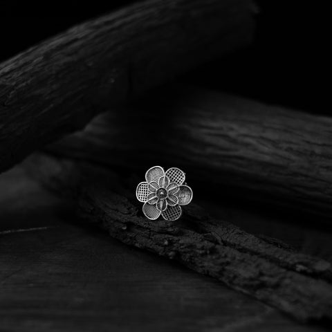 White - saanjh bela flower oxidised ring - handcrafted