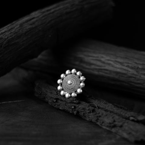 White - saanjh bela mandala oxidised ring - handcrafted