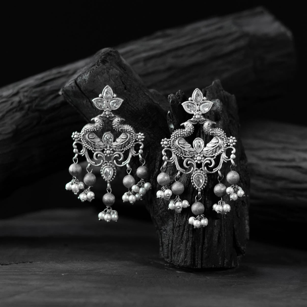 White - saanjh bela mayura oxidised earrings - handcrafted