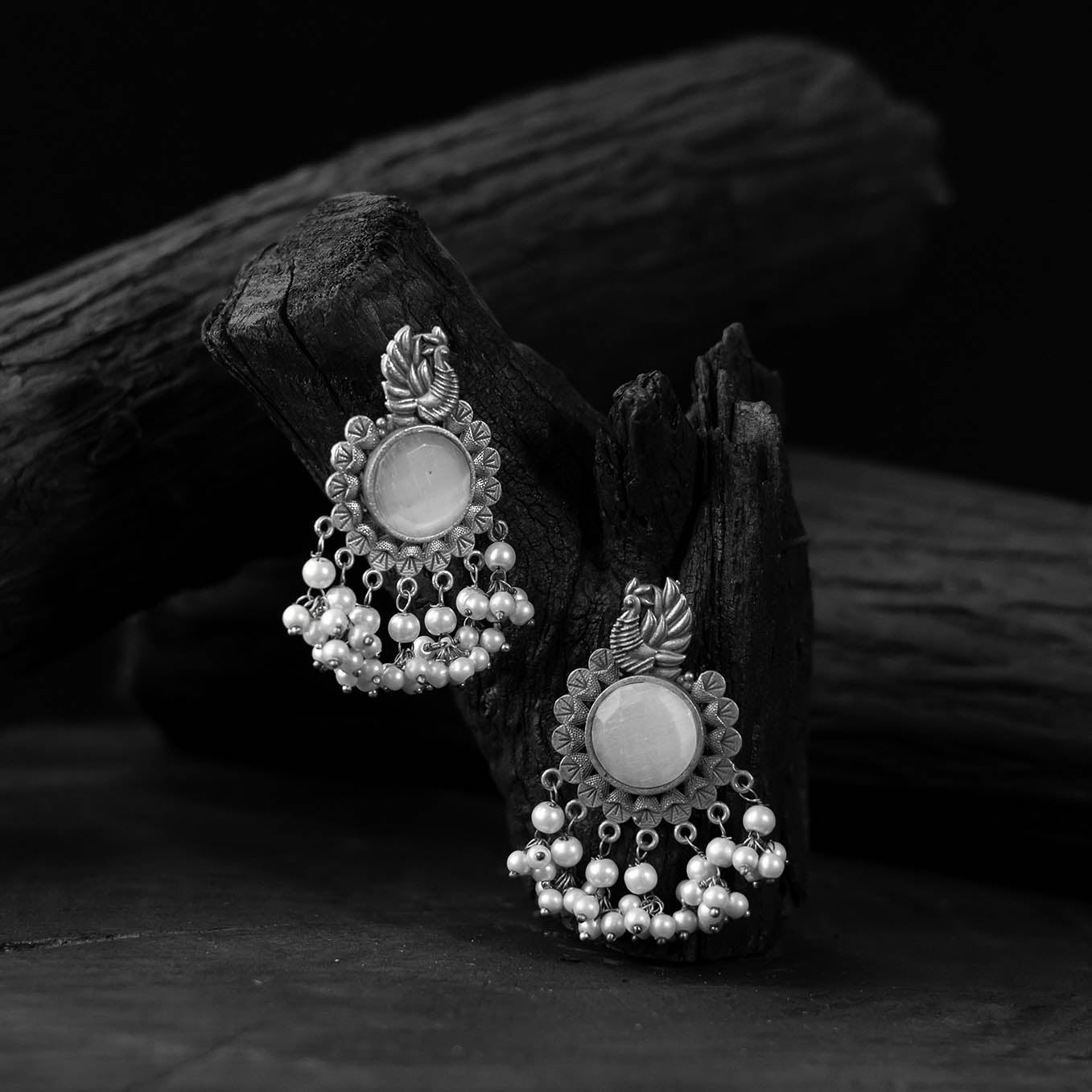 White - saanjh bela mayura oxidised earrings - handcrafted