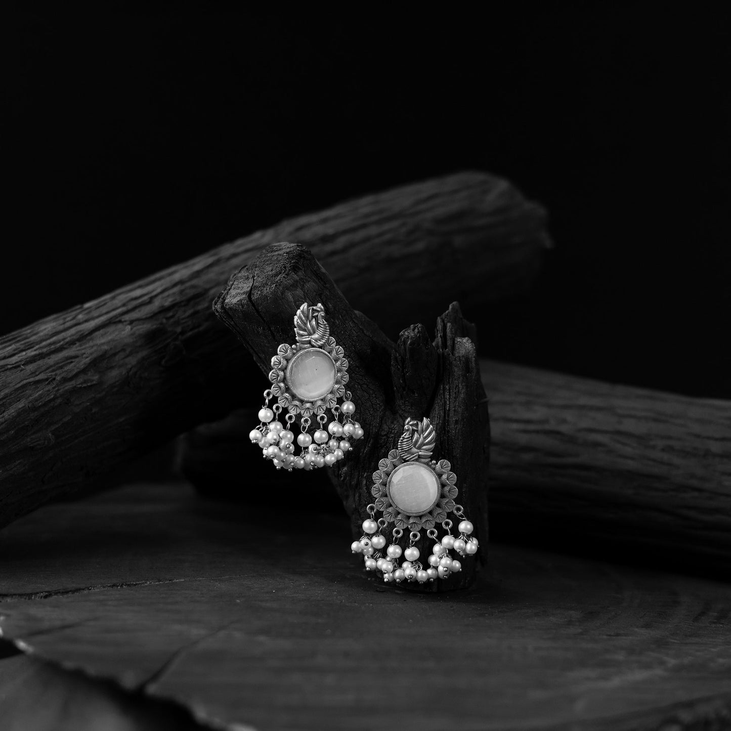 White - saanjh bela mayura oxidised earrings - handcrafted