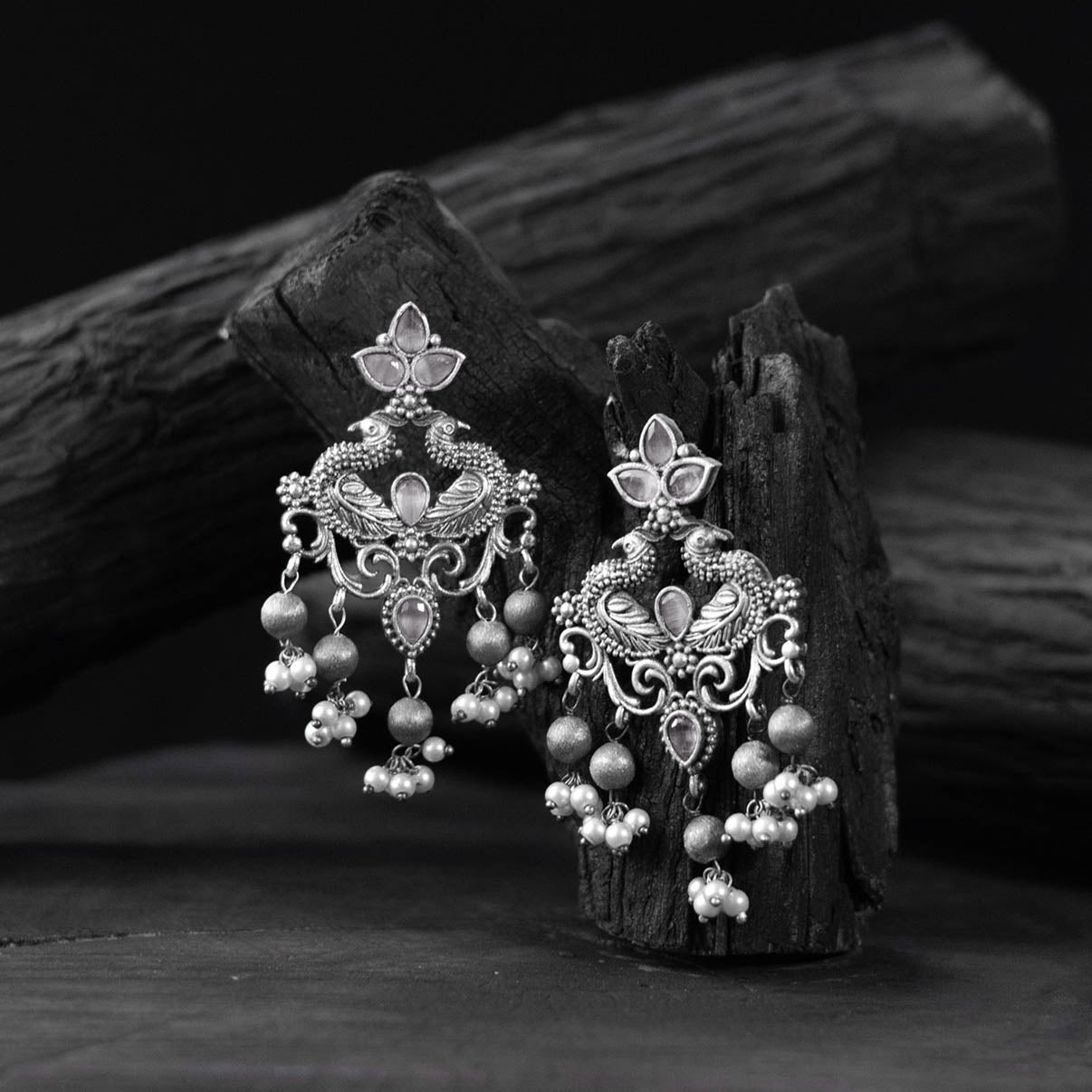 White - saanjh bela mayura oxidised earrings - handcrafted