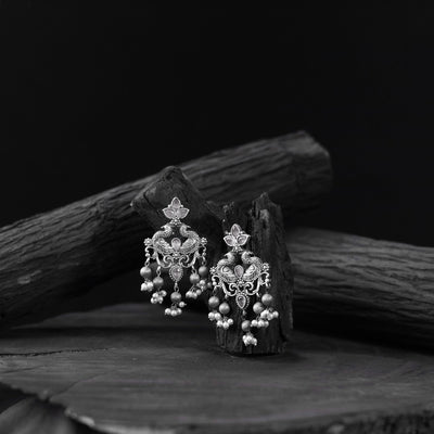 White - saanjh bela mayura oxidised earrings - handcrafted
