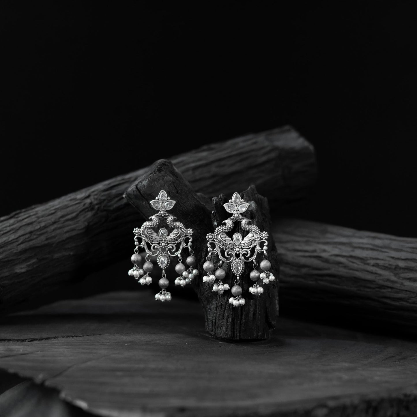 White - saanjh bela mayura oxidised earrings - handcrafted