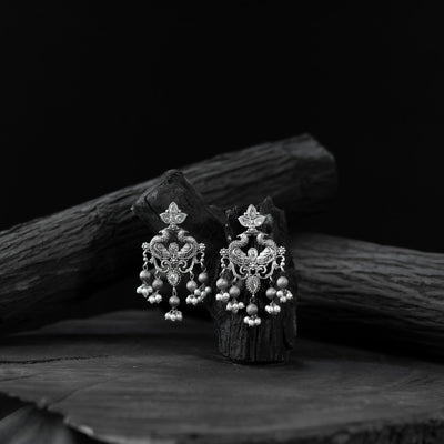 White - saanjh bela mayura oxidised earrings - handcrafted