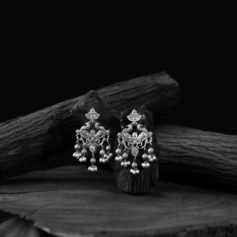 White - saanjh bela mayura oxidised earrings - handcrafted
