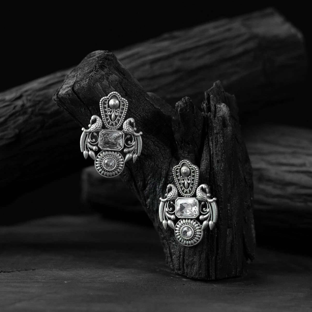 White - saanjh bela mayuri oxidised earrings - handcrafted