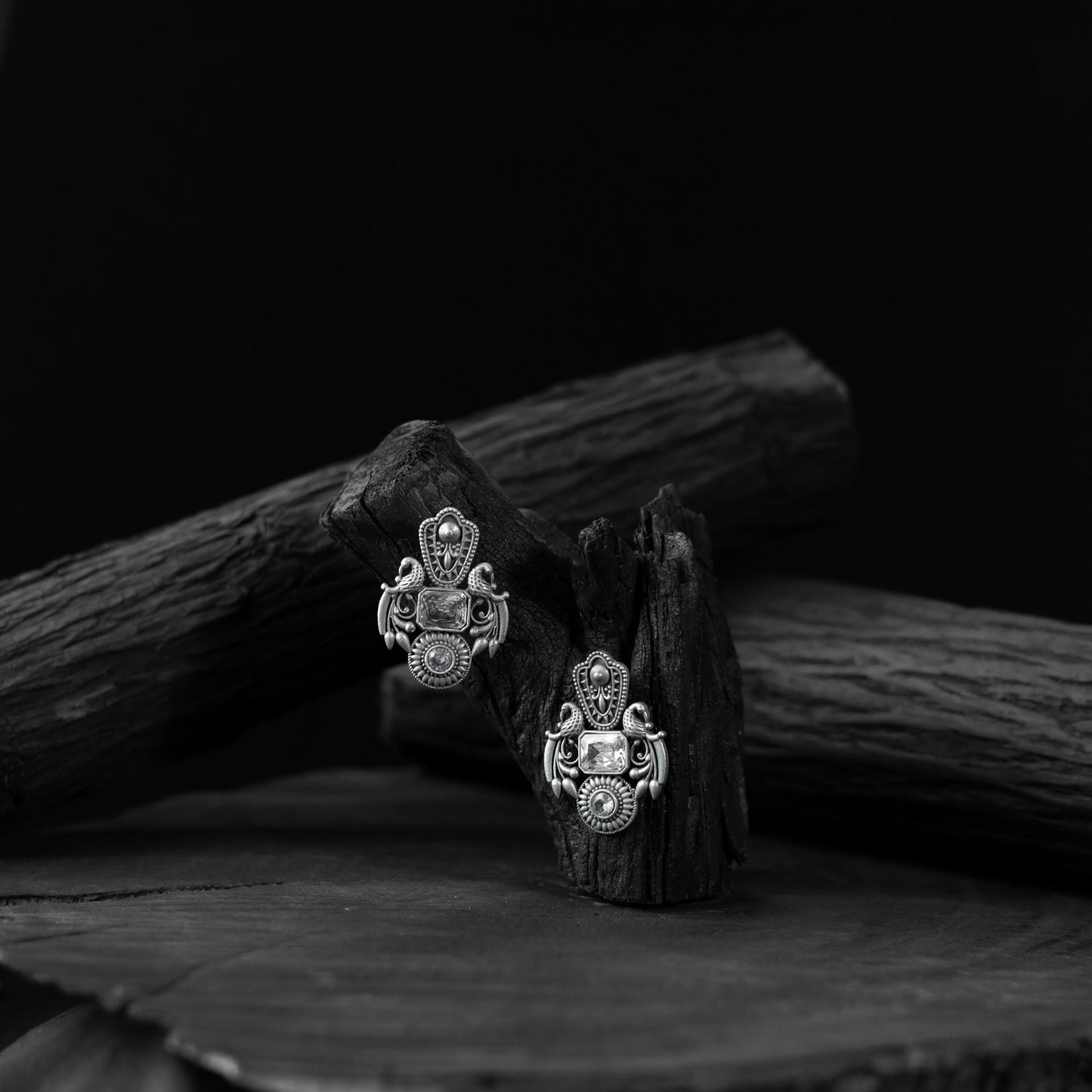 White - saanjh bela mayuri oxidised earrings - handcrafted