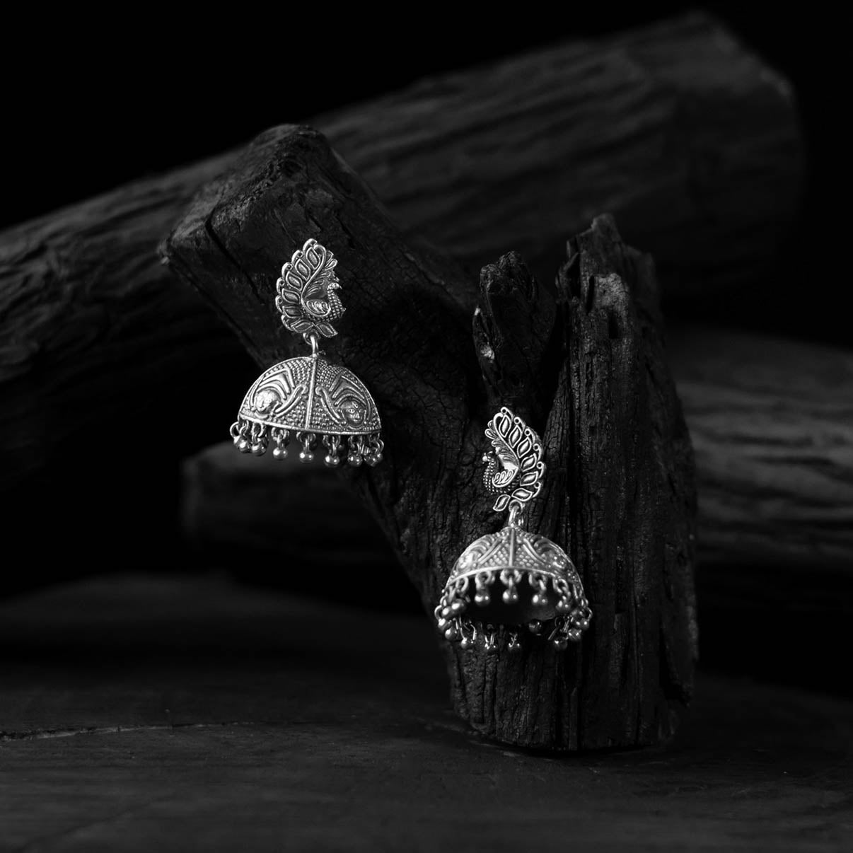 White - saanjh bela mor pankh oxidised jhumka earrings